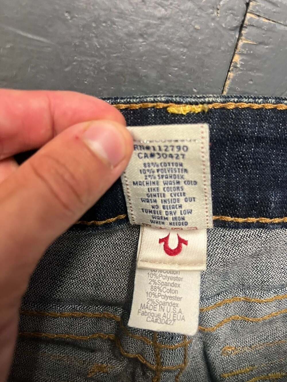 True Religion Women's Dark Wash Flare Jeans with Yellow Stitching, Size 28 - Picture 9 of 11